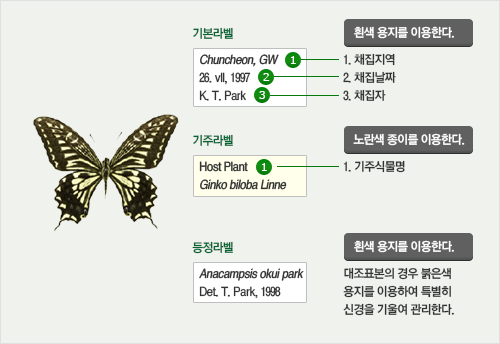 라벨작성방법 이미지
									기본라벨 : 흰색용지를 이용하며, 1.채집지역, 2.채집날짜 3. 채집자를 기재한다.
									기주라벨 : 노란색 종이를 이용하며, 1.기주식물명을 기재한다.
									동정라벨 : 흰색용지를 이용하며, 대조표본의 경우 붉은색 용지를 이용하며 특별히 신경을 기울여 관리한다.