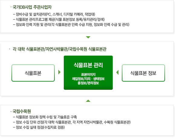 · 국가DB사업 주관사업자 역할
						- 장비수급 및 설치관리(PC, 스캐너, 디지털 카메라, 작업대)
						- 식물표본 관리프로그램 제공(식물 표본정보 등록/유지관리/검색)
						- 정보화 인력 지원 및 관리(각 식물표본관 인력 수급 지원, 정보화 인력 수급 및 관리)
						· 각 대학 식물표본관/자연사박물관/국립수목원 식물표본관 역할
						식물표본과 식물표본정보를 통해 식물표본관리(표본이미지, 채집정보/지리·생태정보, 종정보/관리정보) 수행
						· 국립수목원 역할
						- 식물표본 정보화 정책수립 및 기술표준 구축
						- 정보 수집 단위 선정(각 대학 식물표본관, 각 지역 자연사박물관, 수목원 식물표본관)
						- 정보 수집 실태 점검(수집자료 검증)