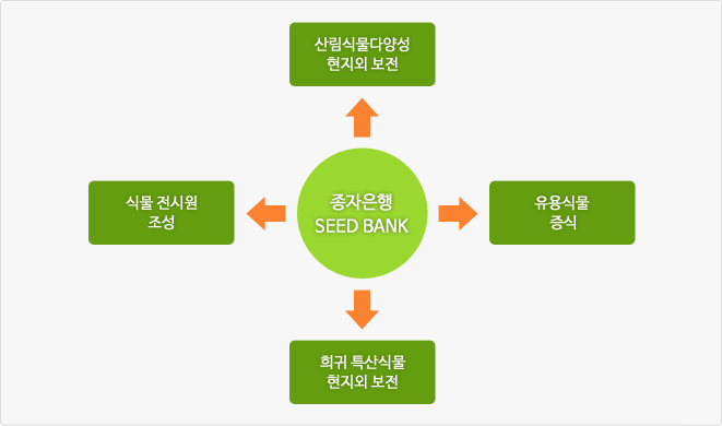 종자은행 SEED BANK
								-> 산림식물다양성 현지외 보전
								-> 식물 전시원 조성
								-> 유용식물 증식
								-> 희귀 특산식물 현지외 보전